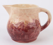 R.M.I.T. SCHOOL Melbourne, pink and burgundy glazed pottery jug with sgraffito farm scene decoration, incised signature (illegible), 14cm high, 20cm wide - 2