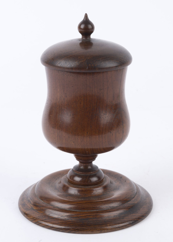A Tasmanian blackwood lidded urn, circa 1880, 21cm high, 15cm diameter