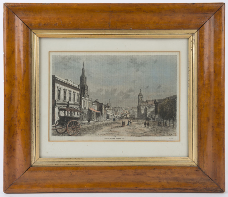 "Collins Street, Melbourne" hand-coloured newspaper supplement print, 19th century, in a period birdseye maple frame with gilt slip and glass, ​37 c 42cm overall