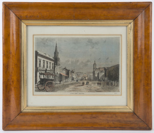 "Collins Street, Melbourne" hand-coloured newspaper supplement print, 19th century, in a period birdseye maple frame with gilt slip and glass, ​37 c 42cm overall