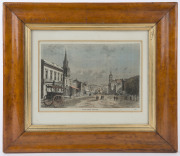 "Collins Street, Melbourne" hand-coloured newspaper supplement print, 19th century, in a period birdseye maple frame with gilt slip and glass, ​37 c 42cm overall