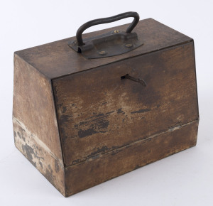 An early tramways tin with key, late 19th early 20th century, ​22cm high, 23cm wide, 15cm deep