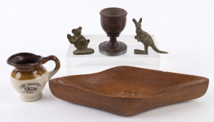 Antique bronze kangaroo and koala miniature statues, blackwood eggcup, wooden dish and pottery jug, 19th and 20th century, (5 items), the kangaroo 6.5cm high