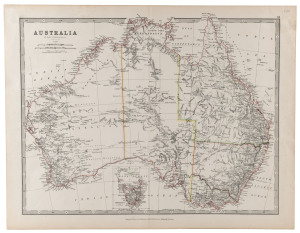 "AUSTRALIA" by Keith Johnston F.S.S.E. [circa 1880], with inset map of Tasmania, all the latest routes of the explorers (Giles 1875, Forrest 1869, Stuart 1860, Forrest 1870, etc.); contemporary colour to coasts and colonial borders. Overall 37 x 48cm.