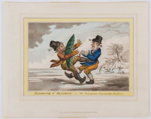 JAMES GILLRAY (after), "Elements of Skateing - The Consequence of going before the Wind." hand-coloured etching, c.1820, 22 x 27cm (plate size),