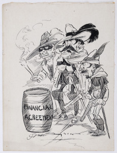 AMBROSE ARTHUR (Amby) DYSON (1876 - 1913), Financial Agreement, pen & ink on artists card, signed at base, circa 1912, 28 x 21cm. Artwork for Melbourne Punch or The Bulletin.