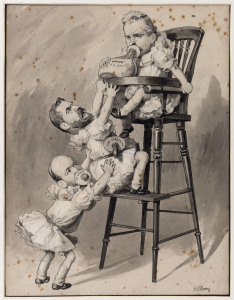 GEORGE H. DANCEY (1865 - 1922) Fisher sucks on the bottle of "office" while Deakin and Cook clamour to displace him, pen and brush and ink, wash and gouache, circa 1908, signed lower right, 31 x 24cm.