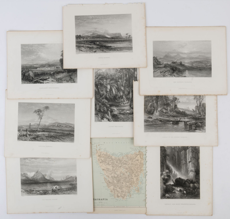 TASMANIA: A collection of eight full page steel engraved plates from "Australia by Edwin Carton Booth", engraved from drawings and paintings by John Skinner Prout (1805 - 1876): similar subjects to the previous lot but including "Perth, Tasmania", "Black