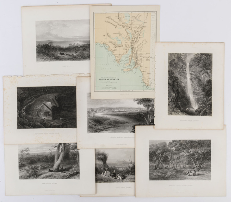 SOUTH AUSTRALIA: A collection of seven full page steel engraved plates from "Australia by Edwin Carton Booth", engraved from drawings and paintings by John Skinner Prout (1805 - 1876): subjects include "Lake Albert", "The Gwalor Plains", "Grass Tree Plain