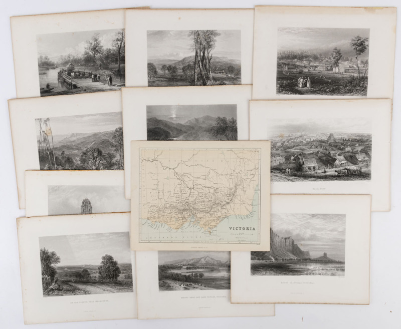 VICTORIA: A collection of ten full page steel engraved plates from "Australia by Edwin Carton Booth", engraved from drawings and paintings by Chevalier, Prout, Armytage, and Carr: including "Ballaarat", "Daylesford", "Night Scene in the diggings", "Post O