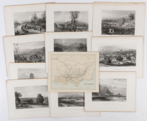 VICTORIA: A collection of ten full page steel engraved plates from "Australia by Edwin Carton Booth", engraved from drawings and paintings by Chevalier, Prout, Armytage, and Carr: including "Ballaarat", "Daylesford", "Night Scene in the diggings", "Post O