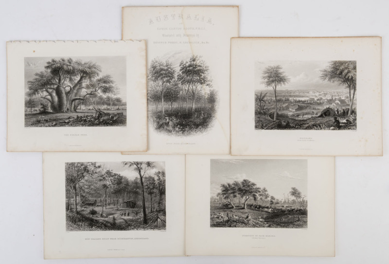 QUEENSLAND & NORTHERN TERRITORY: A group of five full page steel engraved plates from "Australia by Edwin Carton Booth", engraved from drawings and paintings by Baines, Armytage, and Carr: comprising "Brisbane", "The Boadab Tree", "New Zealand Gully near