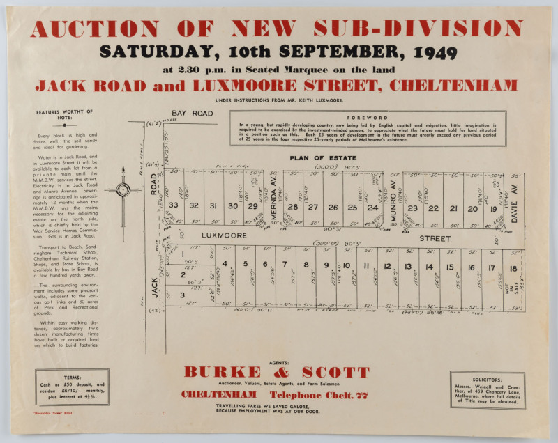 LAND SALE POSTERS: A collection, including Moorabbin (1915), Nobilius Nursery Estate, Emerald (c.1925), Silver Sands Estate, Rye (c.1920s), Cheltenham 1949, Mount Dandenong 1949, Skye Road Golf Links Estate (1951), etc.