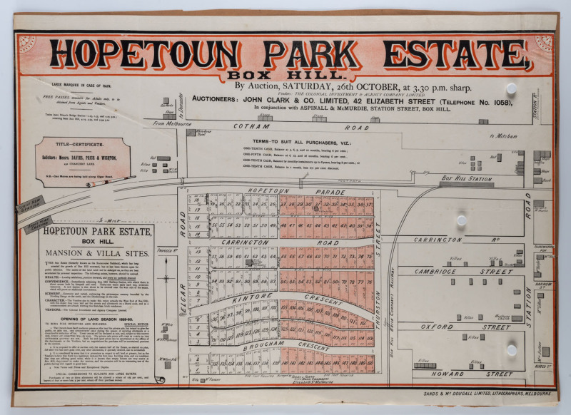 LAND SALE POSTER: c.1889, "Hopetoun Park Estate, Box Hill" auction notice with sub-division on behalf of Josn Clark & Co., printed by Sands & McDougall. 51 x 72cm.