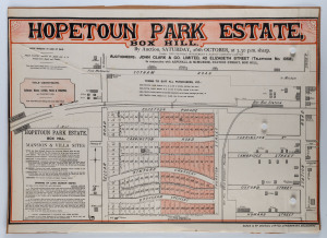 LAND SALE POSTER: c.1889, "Hopetoun Park Estate, Box Hill" auction notice with sub-division on behalf of Josn Clark & Co., printed by Sands & McDougall. 51 x 72cm.