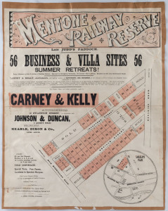 LAND SALE POSTER, c.1888, "Mentone Railway Reserve (Late Judd's Paddock)" 56 Business & Villa Sites" being sold by Carney & Kelly; printed by A.Asher, Richmond. 57 x 44cm.