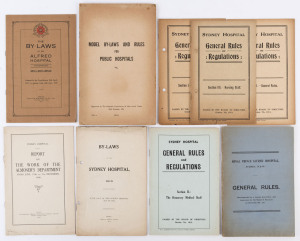 HOSPITALS: Various booklets, including "Royal Prince Alfred Hospital, Sydney GENERAL RULES 1911"; "The By-Laws of the ALFRED HOSPITAL 1937'; "Model By-Laws and Rules for Public Hospitals 1951"; and several others. (9 items).
