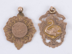 BICYCLE CLUB AWARD: 9ct gold fob engraved "T.A.B.C. Road Race Fastest Time 24.4 07"; also, another 9ct gold fob depicting a swan, engraved verso "A.A.M.C. Perth 1912. F. VERNON. R.G.". (2 items). Weight: 6.3gms.