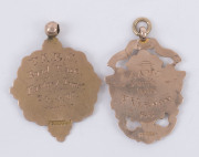 BICYCLE CLUB AWARD: 9ct gold fob engraved "T.A.B.C. Road Race Fastest Time 24.4 07"; also, another 9ct gold fob depicting a swan, engraved verso "A.A.M.C. Perth 1912. F. VERNON. R.G.". (2 items). Weight: 6.3gms. - 2