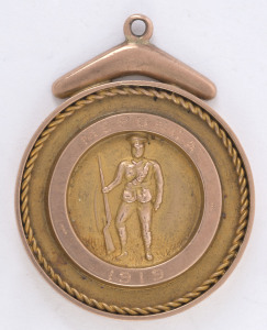 9ct gold fob (5.5gms) presented to SGT. F. HOLBROOK, A.A.V.C., by the residents of MEPUNGA "On his return from Active Service." Mepunga is a small settlement on the coast near Warrnambool, Victoria. Holbrook had been a sergeant in the Army Veterinary Cor