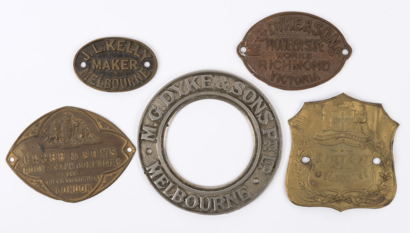 SAFE MANUFACTURER'S METAL PLATES: Chubb & Sons; T. Pitt & Co. Melbourne; M.G. Dyke & Sons, Richmond; J.L. Kelly, Melbourne; & M.G. Dyke & Sons, Melbourne. (5 items).