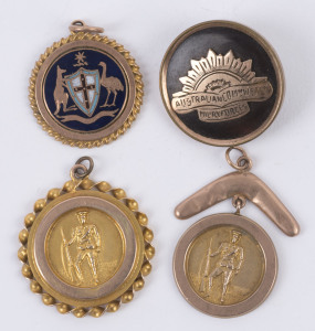 PATRIOTIC FOBS & A BADGE comprising of an enamel and 9ct gold fob with the Australian Coat of Arms; a 9ct gold fob depicting a soldier with his rifle; another similar 9ct fob but surmounted by a boomerang; and a 9ct gold badge (lacking clasp) with the Australian Commonwealth Military Forces logo. (4 items). Total weight: 13gms.