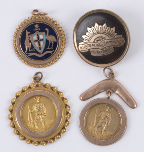 PATRIOTIC FOBS & A BADGE comprising of an enamel and 9ct gold fob with the Australian Coat of Arms; a 9ct gold fob depicting a soldier with his rifle; another similar 9ct fob but surmounted by a boomerang; and a 9ct gold badge (lacking clasp) with the Aus