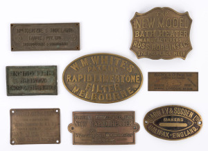 Makers Plates: A Group Of Metal Plates For Ross.Robins & Co. Bath Heater, Melb; Fletcher, Russell & Co. New Rapid Heater; Mckenzie & Holland, Melb.; Eckersley & Sons, Melb.; W.M. White, Melb.; Hartley & Sugden Ltd; Alcock & Co. Prop Ltd; Diabolo Austral Engine, Adelaide. (8 Items).