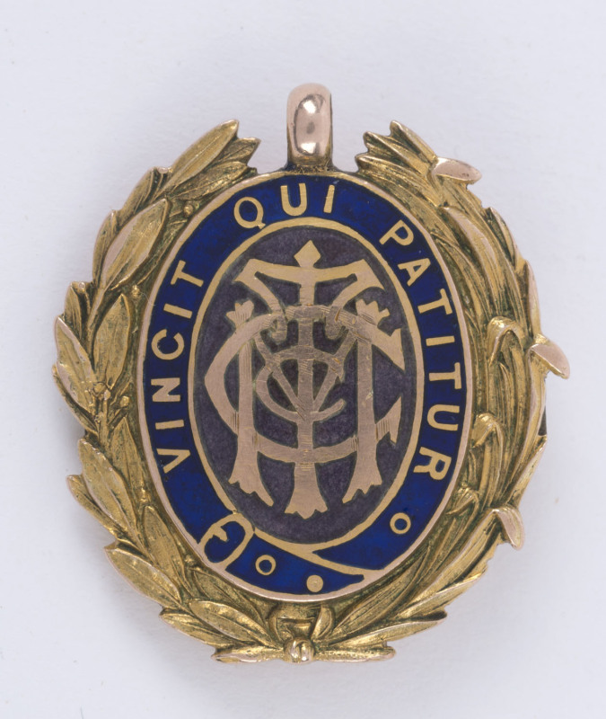 TARGET SHOOTING: 9ct gold and enamel fob (9gms), engraved verso "Regimental Championship 3rd Stage Won by Sgt. C.A. Jeffrey, Score 323 - 25.4.09".