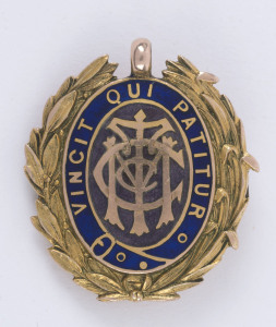 TARGET SHOOTING: 9ct gold and enamel fob (9gms), engraved verso "Regimental Championship 3rd Stage Won by Sgt. C.A. Jeffrey, Score 323 - 25.4.09".
