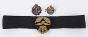 ROYAL FLYING CORPS: Two hat badges, one with two lugs (35mm high); the other with folding arms (45mm). Also, an RAAF WW2-era Officer's peak-hat hatband with associated badges. (3 items).