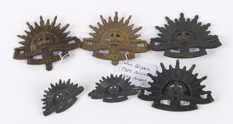 Various "Rising Sun" hat badges, including examples by AMOR, Sydney; General Plastics; and 2 slider types, plus a collar pair by Arendsen. (6 items).