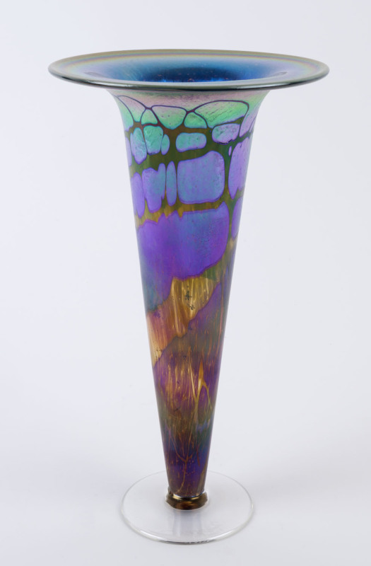 DON WREFORD iridescent art glass trumpet vase, engraved "Wreford '96", 29cm high