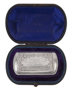 LAWN BOWLING: A sterling silver snuff box with gilt interior with presentation inscription "RICHMOND UNION BOWLING CLUB Presented by Thomas Gardner Esq. V.P. - Won by A.E. BUTLER. Season 1873-4" in beautiful silk-lined leather covered box. Accompanied by a leather purse with sterling silver lock and decoration with an applied shield engraved "PRESENTED BY THE BOWLERS OF N.S.W. TO MR. A.E. BUTLER, HON.SEC. V.B.A., SYDNEY 1892."