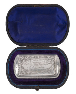 LAWN BOWLING: A sterling silver snuff box with gilt interior with presentation inscription "RICHMOND UNION BOWLING CLUB Presented by Thomas Gardner Esq. V.P. - Won by A.E. BUTLER. Season 1873-4" in beautiful silk-lined leather covered box. Accompanied by 