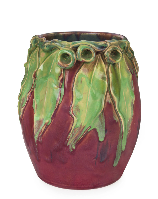 MARGARET KERR rare and impressive pottery vase with applied gumnuts and leaves, spectacular early pink and green colourway with blue interior, incised "Margaret Kerr, Melbourne", 21cm high, 14.5cm wide