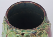 MARGARET KERR rare and impressive pottery vase with applied gumnuts and leaves, spectacular early pink and green colourway with blue interior, incised "Margaret Kerr, Melbourne", 21cm high, 14.5cm wide - 2