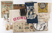 Oddments including a Boer War song sheet, a 19th Century bible with maps of the Middle East, a 1945 bound volume of Punch, various flour sacks, an INXS picture disc, etc. Mixed condition.