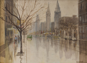 LESLIE EDWARD ALBERT SANDS (1917-1995), Collins Street, acrylic and pencil on board, signed "Sands" lower right, 23 x 30.5cm.