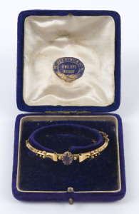 FISHER antique 9ct yellow gold bangle set with amethyst, 19th century, stamped "FISHER, 9ct", 6.5cm wide, 6.2 grams