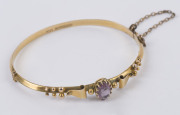 FISHER antique 9ct yellow gold bangle set with amethyst, 19th century, stamped "FISHER, 9ct", ​6.5cm wide, 6.2 grams - 2