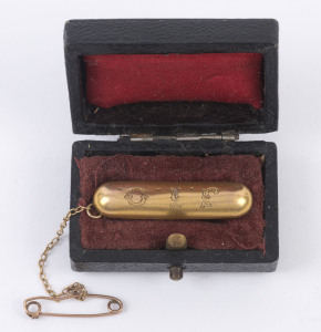 An antique Colonial yellow gold bar brooch with engraved initials "J.I.O." for JEAN ISOBEL OATES, late 19th century, 3.2cm wide, 2.2 grams. Oates' father, RICHARD OATES rocketed to fame on the Australian goldfields with the astonishing discovery of the WELCOME STRANGER gold nugget at Moligul in Victoria in 1869, weighing in at 94.14 kg which equates to a handsome $7,250,000 todays currency. The Welcome Stranger remains the largest alluvial gold nugget ever discovered.