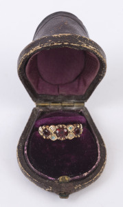 WILLIAM DRUMMOND & Co. Melbourne, antique 15ct yellow gold ring set with three red stones and diamonds, 19th century, stamped "W. 15. D.", ​3.8 grams total
