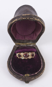 WILLIAM DRUMMOND & Co. Melbourne, antique 15ct yellow gold ring set with three red stones and diamonds, 19th century, stamped "W. 15. D.", 3.8 grams total
