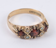 WILLIAM DRUMMOND & Co. Melbourne, antique 15ct yellow gold ring set with three red stones and diamonds, 19th century, stamped "W. 15. D.", ​3.8 grams total - 3