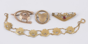 Australian Federation bracelet, 9ct yellow gold with six Australian maps and boomerangs, (18cm long); together with a 9ct rose gold map of Australia brooch, a map of Tasmania brooch, and a 9ct gold and red stone "MOTHER" boomerang brooch, 19th and early 2