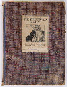 IDA RENTOUL OUTHWAITE: "The Enchanted Forest" with stories by Grenbry Outhwaite published by A & C Black [London, 1931], first edition, quarto, red/blue cross-hatched heavy card boards, missing the blue cloth spine, white label with illustration to front 