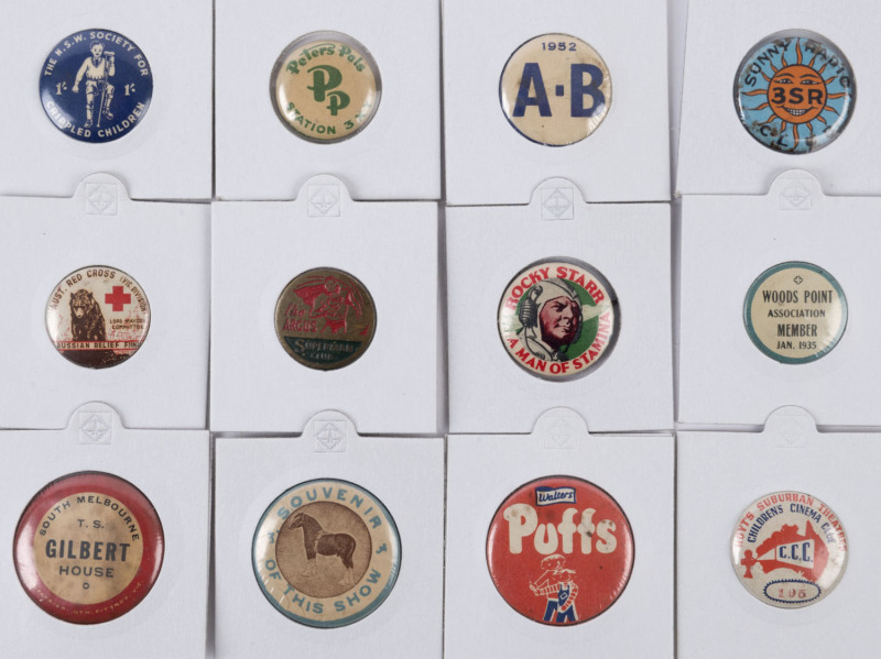 BADGES: A range including "Rocky Starr Man of Stamina", "Walter's Puffs", "The Argus SUPERMAN Club", "3SR Sunny Radio Club", "Peters Pals 3XY", etc. (12, all different).