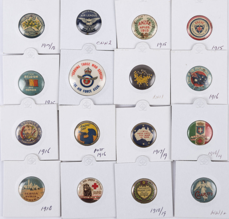 A collection of mainly WW1-era patriotic badges including "For Belgium and Honor"; "Our Fighting Men"; "Servia, Syria, Armenia"; "Discharged Soldiers' Fund"; "Charity"; "Australian Air League 5/-", etc. (16 different).