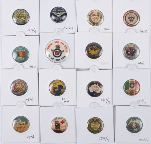 A collection of mainly WW1-era patriotic badges including "For Belgium and Honor"; "Our Fighting Men"; "Servia, Syria, Armenia"; "Discharged Soldiers' Fund"; "Charity"; "Australian Air League 5/-", etc. (16 different).